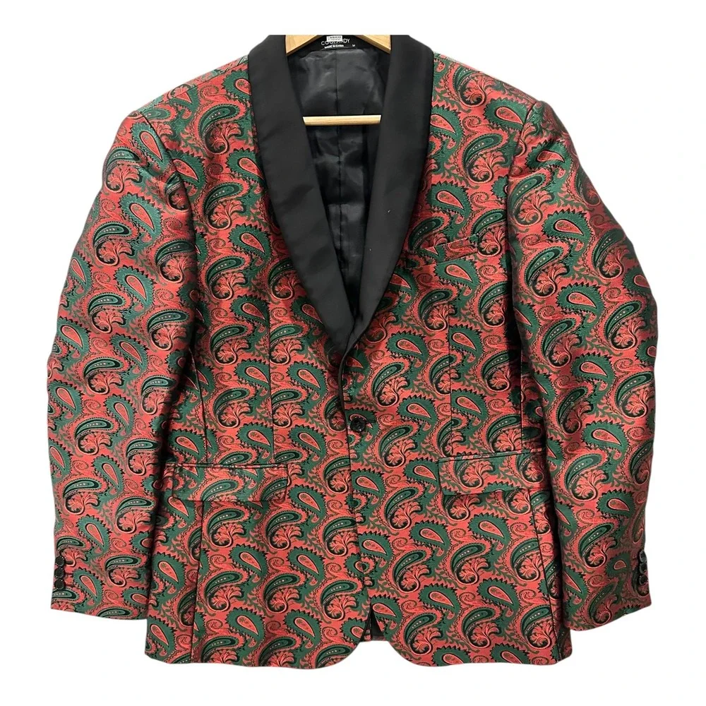 Christmas Paisley Tuxedo Jacket Red Green  Blazer Mens M Shawl Lapel Coofandy